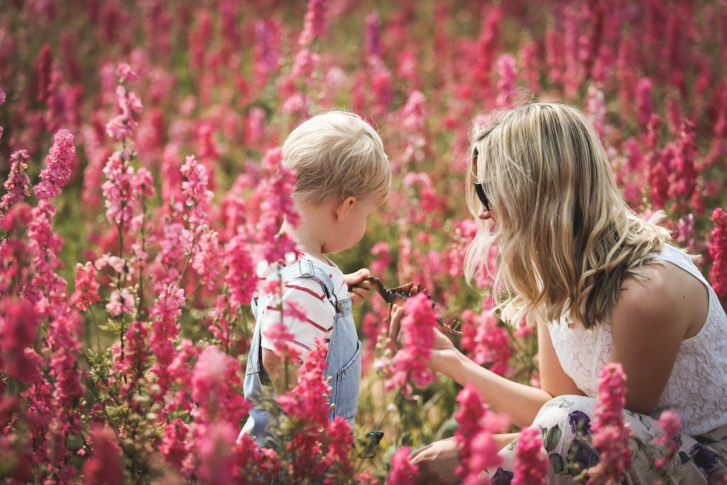 Mum and son in pink flowers