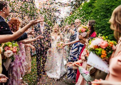 a confetti tunnel for a couple who have just got married in Worcestershire