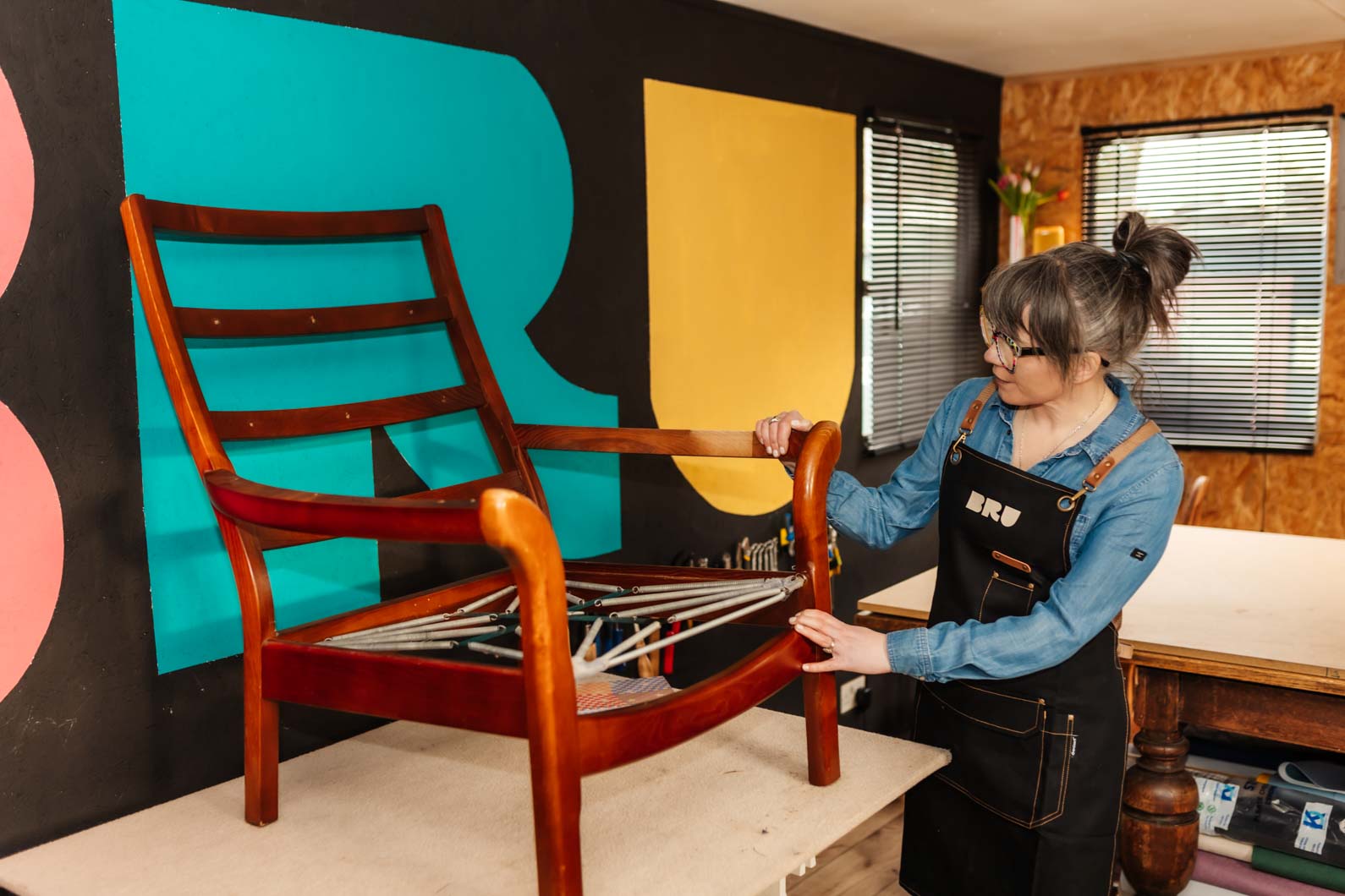 Worcestershire branding photographer photographing upholsterer at work