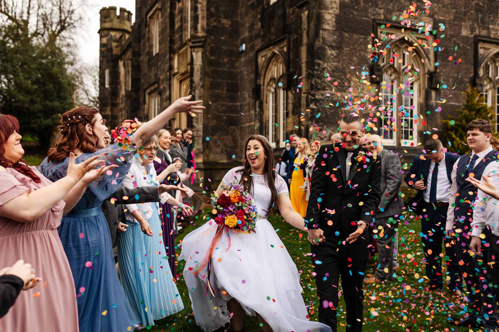 Relaxed and vibrant confetti photography at Dudley Register Office, perfect for small, intimate wedding celebrations.